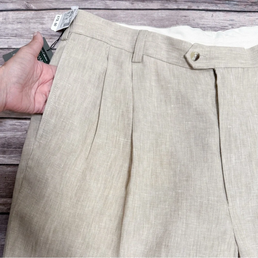 Jos A Bank Beige White Linen Woven Pleated Cuffed Dress Pants New 40 X 30
